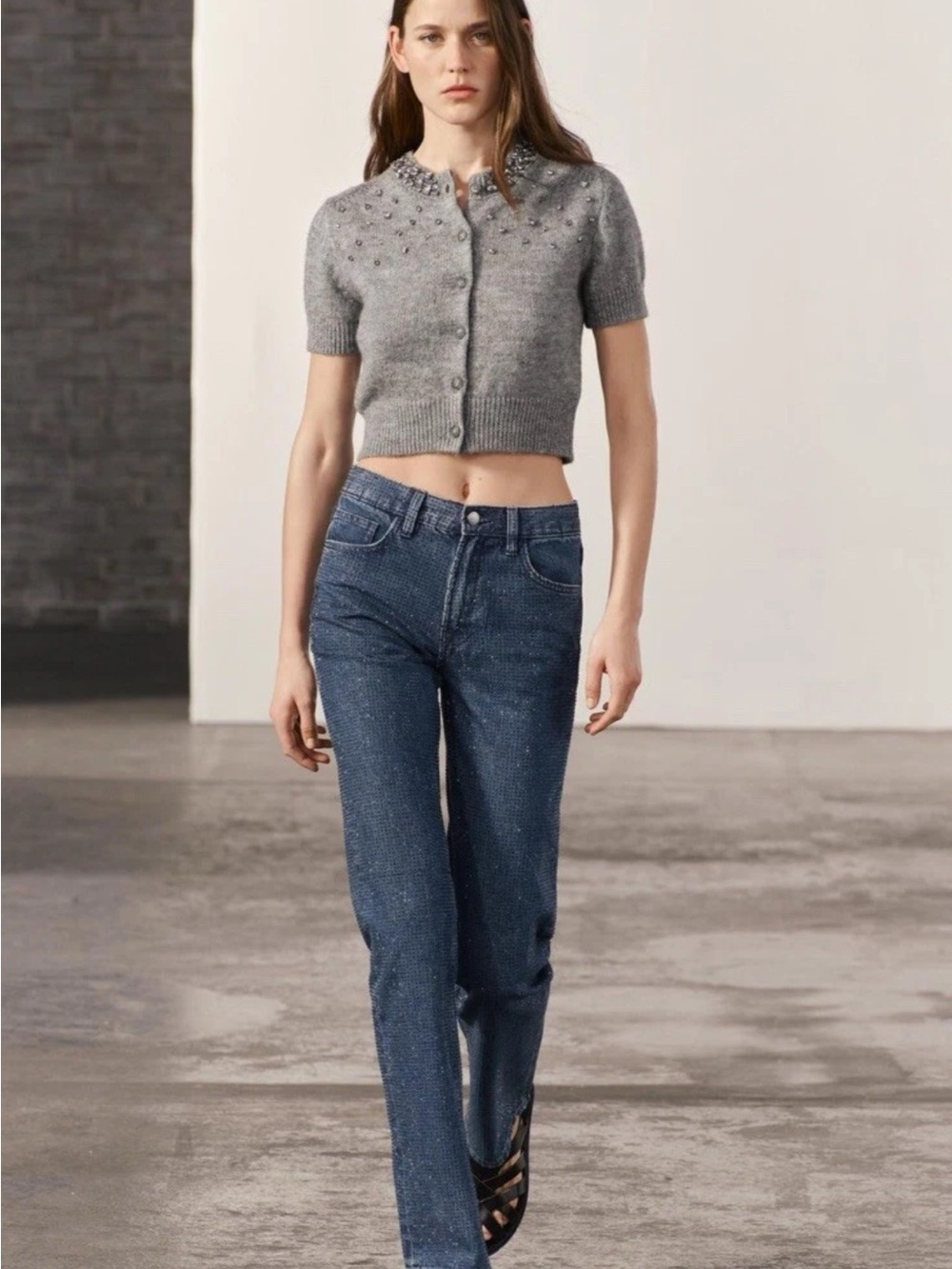 Zara Boot-Cut Rhinestone Jeans in Dark Blue Wash